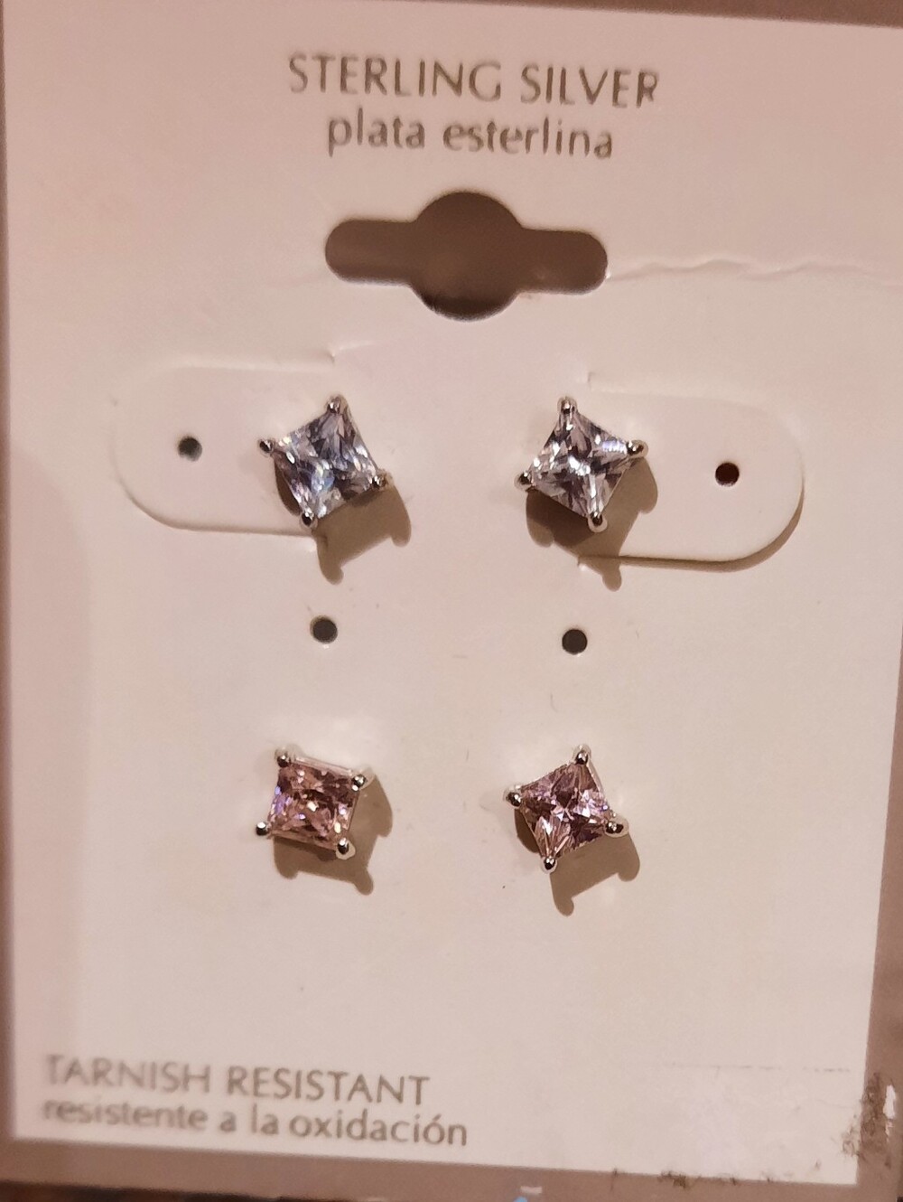 LOT of 2 PAIRS Solid Sterling Silver Pink & Clear Princess Cut CZ Stud Earrings
